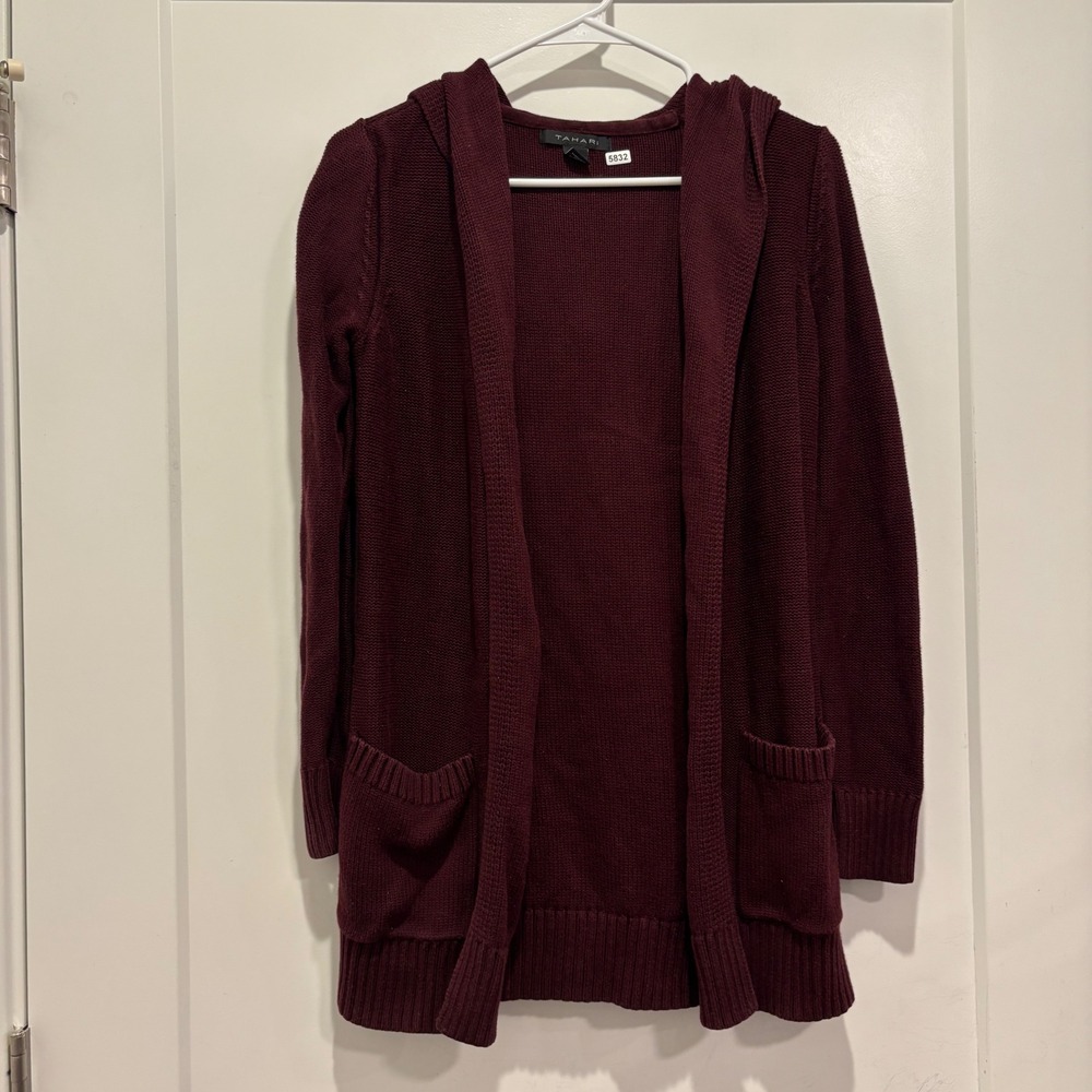 Tahari Womens Small Burgundy Open Front Hooded Cardigan Sweater Cotton Rayon